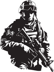Battle Ready Vigilance Black Icon Design for Elegant Vector Soldier Holding Gun Commando Precision Elegant Soldier with Gun Logo in Vector Black