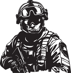 Strategic Defender Vector Black Icon Design for Soldier Holding Gun Combat Guardian Elegant Black Iconic Soldier with Gun Emblem in Vector