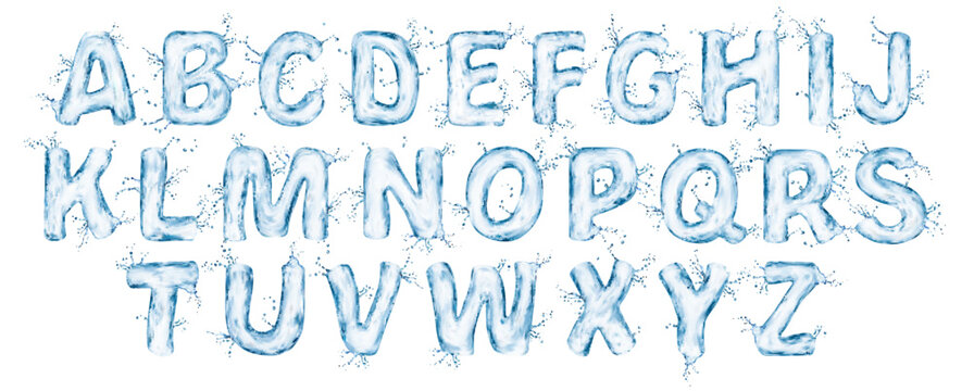 Realistic water font, flow splash type, liquid aqua typeface, transparent wet english alphabet vector letters with drops and bubbles, 3d typography. Blue water abc letters with flowing liquid effect