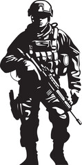 Strategic Vigilance Vector Black Iconic Soldier with Gun in Elegant Design Combat Defender Elegant Black Icon Design for Soldier Holding Gun