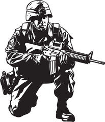 Armed Sentinel Vector Black Icon Design for Soldier Holding Gun Battle Ready Vigilance Elegant Soldier with Gun Emblem in Vector Black