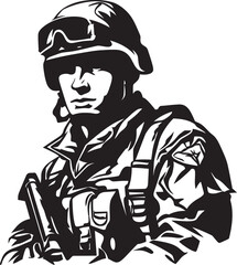 Commando Precision Vector Black Icon Design for Soldier Holding Gun Logo Strategic Defender Elegant Vector Soldier with Gun Emblem