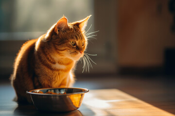 ginger cat sitting and waiting food with light background looking away