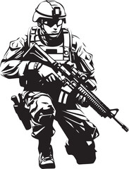 Battle Ready Guardian Vector Soldier with Gun Black Icon Design Commando Vigilance Elegant Soldier Holding Gun Emblem in Vector Black