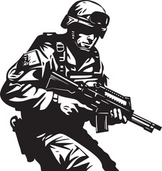 Armed Vigilance Vector Soldier with Gun Emblem in Black Icon Battlefield Precision Elegant Vector Soldier Holding Gun Logo in Black