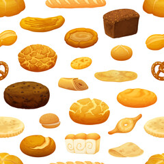 Bread and bakery seamless pattern. Wrapping paper seamless background, fabric vector backdrop or wallpaper pattern with pretzel, barmbrack, tandoor, cunape and crunch tiger, shokupan bakery bread