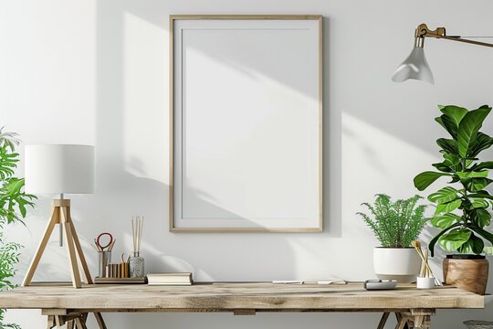 Picture frame mock up in nursery interior, wooden desk on white wall background, 3d render