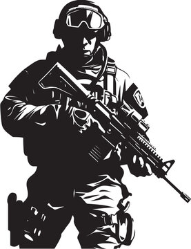 recommend clip art: Commando Ready Black Iconic Soldier with Gun Emblem in Vector Armed Defender Elegant Vector Soldier Holding Gun Logo
