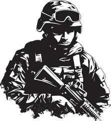 Strategic Defender Elegant Vector Design for Soldier Holding Gun Logo Combat Precision Vector Soldier with Gun Black Icon in Elegant Style