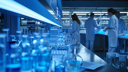 Um laboratório de biotecnologia moderno zumbindo com energia futurista enquanto cientistas em jalecos brancos se movem com propósito entre equipamentos de alta tecnologia - obrazy, fototapety, plakaty