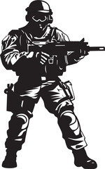 Military Precision Elegant Vector Soldier with Gun Emblem Tactical Guardian Vector Black Icon Design for Soldier Holding Gun