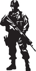 Tactical Guardian Vector Soldier with Gun Black Icon in Elegant Style Warrior Defender Elegant Vector Soldier Holding Gun Black Icon in Style