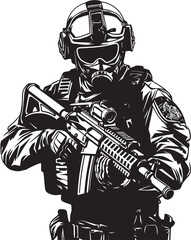 Naklejka premium Tactical Guardian Vector Black Icon Design for Soldier Holding Gun Warrior Emblem Black Iconic Soldier with Gun Logo in Vector