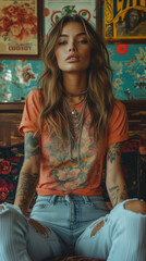 Beautiful Young Woman with Tattoos and Casual Clothing