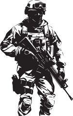 Battle Ready Guardian Elegant Soldier Logo with Gun in Vector Black Commando Dominance Black Icon Design for Vector Soldier Holding Gun
