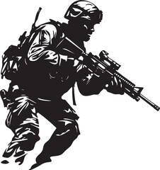 Armed Precision Black Iconic Soldier with Gun Emblem in Vector Battle Ready Defender Elegant Vector Soldier Holding Gun Logo