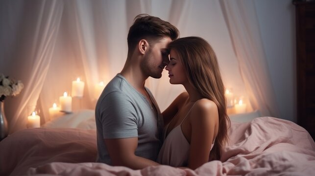 Beautiful cute young couple are kissing and hugging each other on bed in bedroom with romantic background, big banner photo on love concept