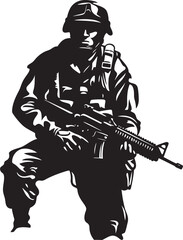 Armed Sentinel Vector Soldier with Gun Black Icon Design Battle Ready Vigilance Black Icon Design for Elegant Vector Soldier Holding Gun