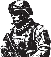 Tactical Precision Vector Black Icon Design for Soldier Holding Gun Warrior Guardian Elegant Black Iconic Soldier with Gun Emblem