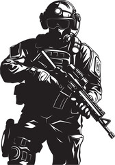 Warrior Stance Vector Black Icon Design for Soldier Holding Gun Battle Ready Black Iconic Soldier with Gun Logo in Vector