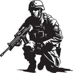 Fototapeta premium Battle Ready Guardian Elegant Soldier with Gun Emblem in Vector Black Commando Vigilance Vector Black Icon Design for Soldier Holding Gun