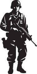 Combat Guardian Black Iconic Soldier Holding Gun in Vector Black Tactical Vigilance Elegant Soldier with Gun Emblem in Vector Black