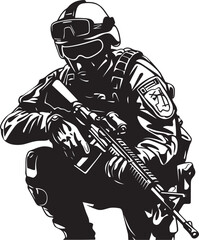 Combat Guardian Elegant Vector Design for Soldier with Gun Tactical Defender Vector Black Icon Design for Soldier Holding Gun Logo