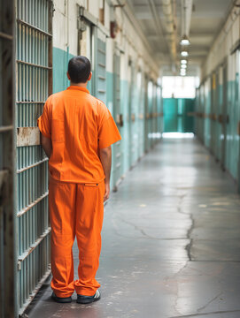 Prisoner in Orange Jumpsuit Stands in Hallway at Prison Facility