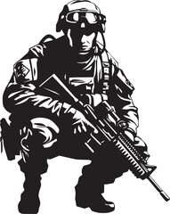 Warrior Guardian Elegant Vector Design for Soldier with Gun Emblem Armed Sentinel Vector Black Icon Design for Soldier Holding Gun