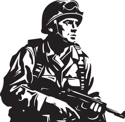 Tactical Precision Vector Soldier with Gun Black Icon Design Warrior Guardian Elegant Vector Design for Soldier with Gun Emblem