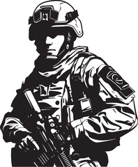 Warrior Precision Vector Black Icon Design for Soldier with Gun Armed Vigilance Elegant Black Iconic Soldier Holding Gun in Vector