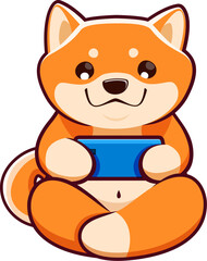 Cartoon kawaii cute pet shiba inu dog and puppy character plays smartphone game. Isolated vector tech-savvy japanese pup tapping screen with paws with excitement, engrossed into the interactive fun