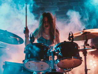 Fototapeta na wymiar Young Female Drummer Playing in Show at Local Bar or Night Club