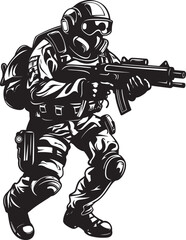 Warrior Stance Vector Black Icon Design for Gun Wielding Soldier Strategic Firepower Elegant Soldier Holding Gun in Vector