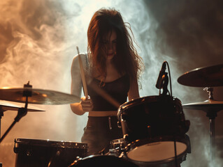 Young Female Drummer Playing in Show at Local Bar or Night Club