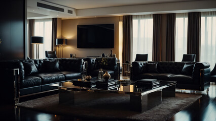 Fototapeta na wymiar Interior design of a luxurious living room featuring stylish leather furniture