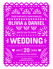 Wedding invitation in mexican paper cut papel picado flag style with vector floral ornaments of flowers, leaves and hearts. Wedding and marriage anniversary party invite banner with ethnic pattern