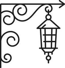 Vintage street lamp or candle chandelier light line icon, vector interior or outdoor illumination. Retro forged ornate hanging lamp with grate sconce for home interior or antique electric illumination