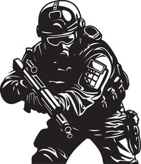 Tactical Commando Elegant Vector Soldier Holding Gun Logo Strategic Protector Vector Black Icon Design for Soldier with Gun