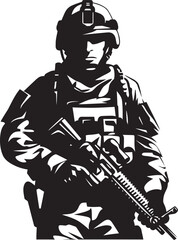 Tactical Vigilance Vector Black Iconic Soldier with Gun Emblem Warrior Defender Elegant Black Icon Design for Soldier with Gun