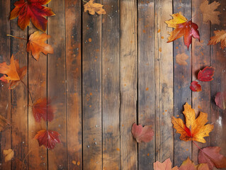 Rustic Wooden Planks with Leaves and Autumn Vibes