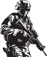 Warrior Guardian Elegant Vector Soldier with Gun Black Icon Design Special Forces Precision Black Iconic Soldier Holding Gun Emblem in Vector