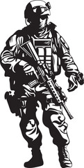 Warrior Defender Elegant Black Iconic Soldier with Gun Emblem Commando Precision Vector Soldier with Gun Black Icon Design