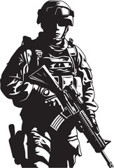 Tactical Vigilance Vector Soldier Holding Gun Black Icon in Style Warrior Defender Elegant Black Iconic Soldier with Gun Emblem