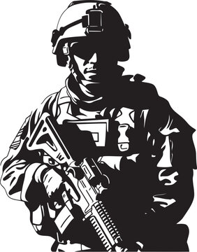 recommend clip art: Strategic Guardian Elegant Vector Soldier Holding Gun Logo in Black Combat Sentinel Vector Soldier with Gun Black Icon Emblem Design
