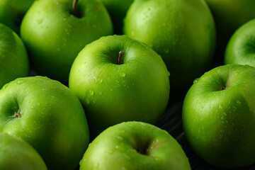 a lot of green apples lying next to each other on a green background, close up