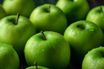 a lot of green apples lying next to each other on a green background, close up