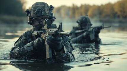 Fototapeta na wymiar Military Operators Moving Through the Water Towards Their Objective