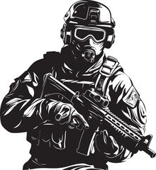 Strategic Protector Vector Black Icon Design for Gun Wielding Soldier Commando Ready Black Iconic Soldier with Gun Emblem in Vector