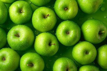 a lot of green apples lying next to each other on a green background, close up